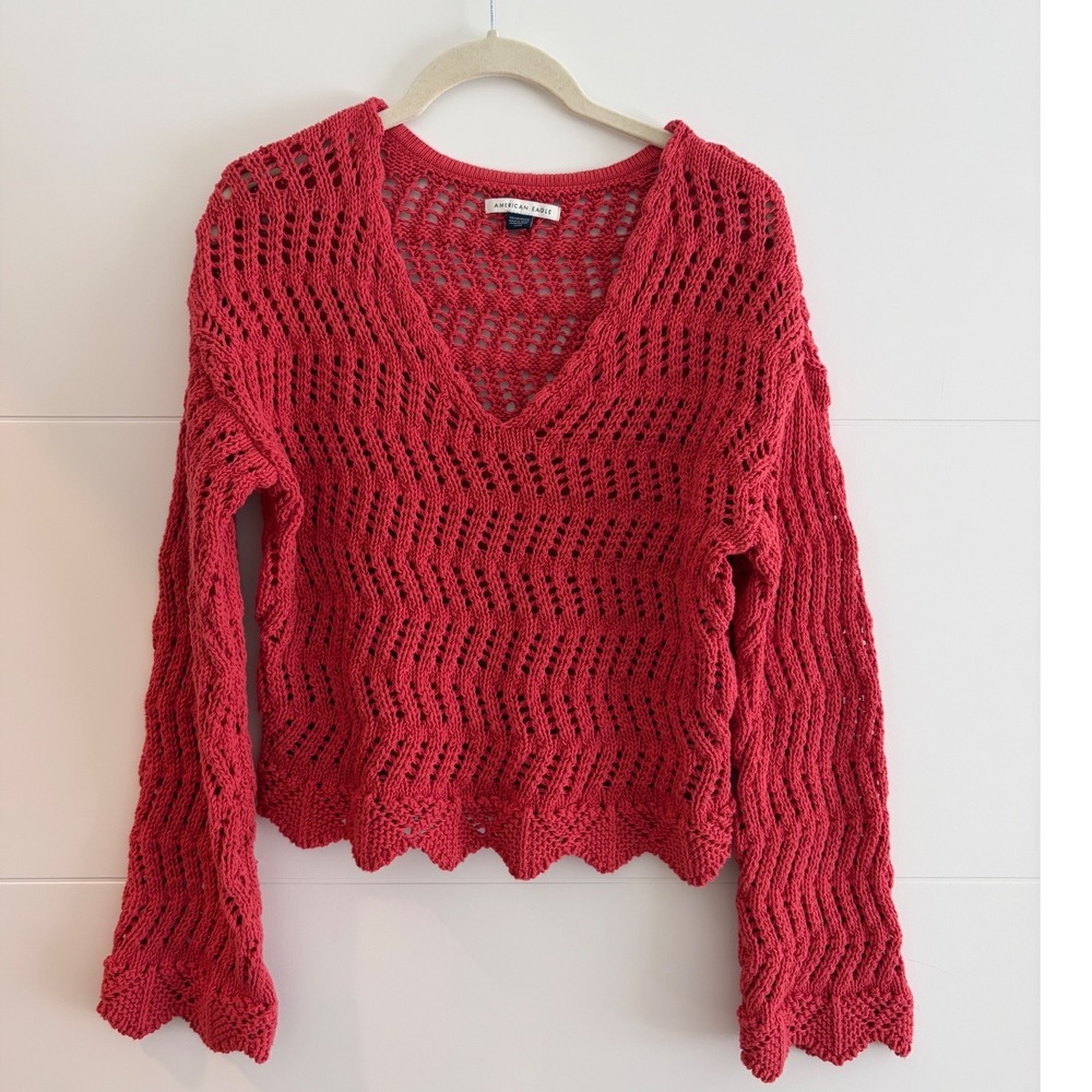 American Eagle Red Crochet Open Knit V-Neck Scalloped Sweater Boxy Relaxed XS